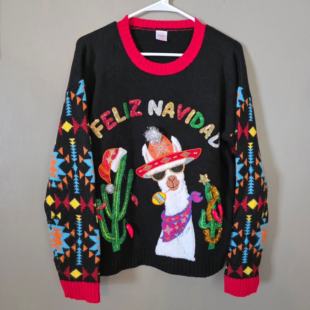 Holiday Time Womens Ugly Christmas Sweater Size Medium Black Feliz Navidad Llama